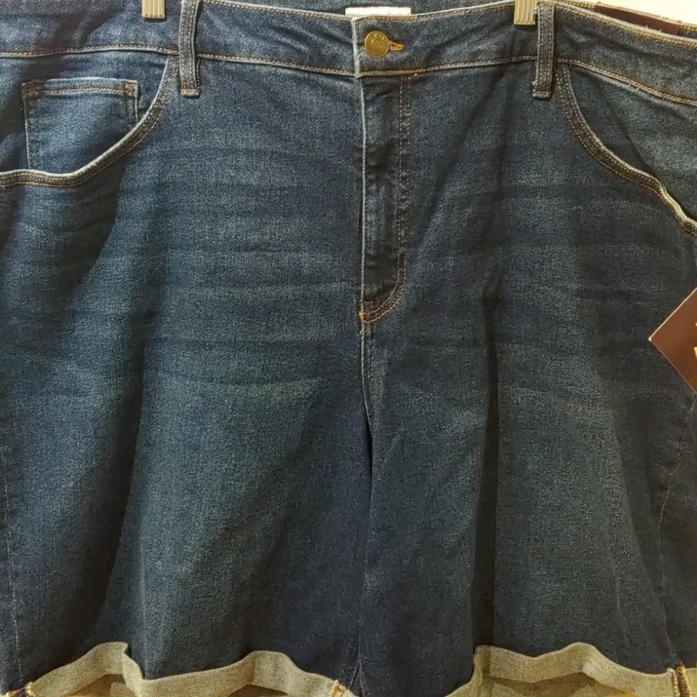 Womens Plus Roll Cuff Bermuda Jean Shorts Ava & Viv Dark Wash 24W High Rise Long - Picture 9 of 9
